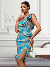 Floral Jacquard Mermaid Dress With Ruffle Detail And One-Shoulder Neckline For Cocktail Party